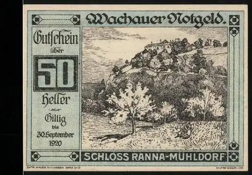 Notgeld Spitz a.d. Donau 1920, 50 Heller, Schloss Ranna-Mühldorf Landschaftsmotiv