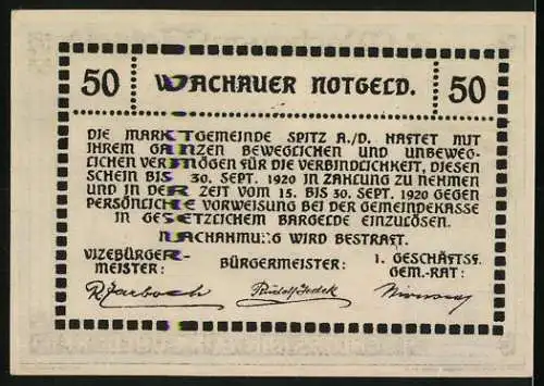 Notgeld Spitz a.d. Donau 1920, 50 Heller, Schloss Ranna-Mühldorf Landschaftsmotiv