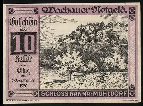 Notgeld Spitz a.d. Donau 1920, 10 Heller, Schloss Ranna bei Mühldorf, Landschaftsmotiv mit Bäumen und Burg