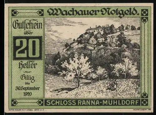 Notgeld Spitz a.d. Donau 1920, 20 Heller, Schloss Ranna-Mühldorf, Landschaftsmotiv