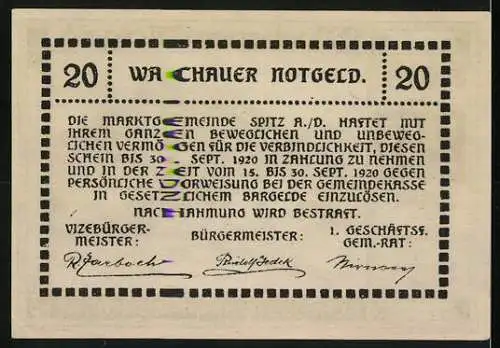 Notgeld Spitz a.d. Donau 1920, 20 Heller, Schloss Ranna-Mühldorf, Landschaftsmotiv