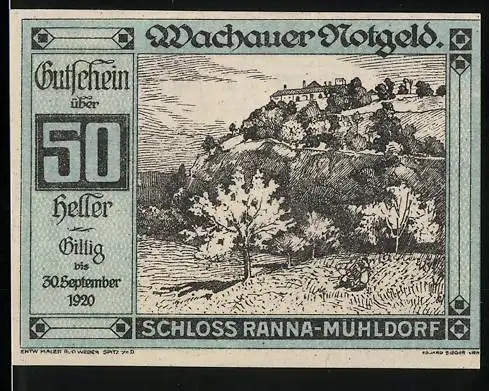 Notgeld Spitz a.d. Donau 1920, 50 Heller, Schloss Ranna-Mühldorf Landschaftsmotiv