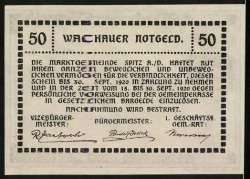 Notgeld Spitz a.d. Donau 1920, 50 Heller, Schloss Ranna-Mühldorf Landschaftsmotiv