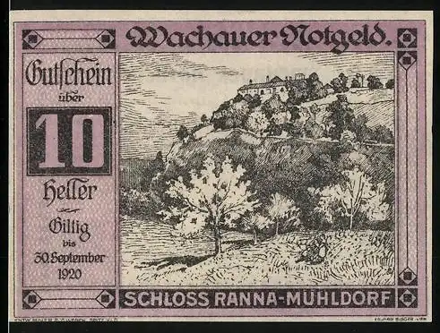 Notgeld Spitz a.d. Donau 1920, 10 Heller, Schloss Ranna-Mühldorf Abbildung