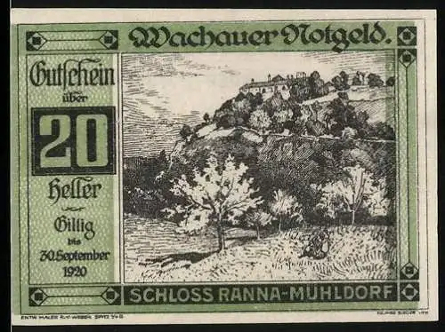 Notgeld Spitz a.d. Donau 1920, 20 Heller, Schloss Ranna-Mühldorf Landschaftsansicht