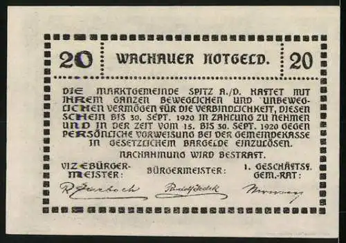 Notgeld Spitz a.d. Donau 1920, 20 Heller, Schloss Ranna-Mühldorf Landschaftsansicht