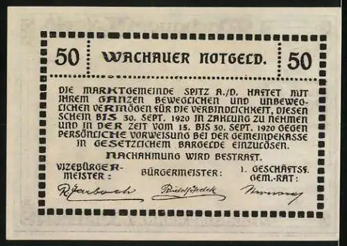 Notgeld Spitz a.d. Donau 1920, 50 Heller, Schloss Ranna-Mühldorf Landschaftsmotiv