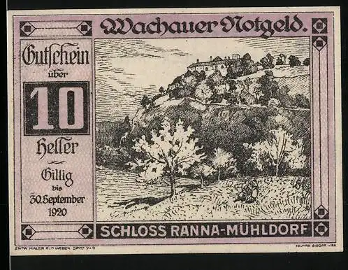 Notgeld Spitz a.d. Donau 1920, 10 Heller, Schloss Ranna-Mühldorf, Landschaftsmotiv