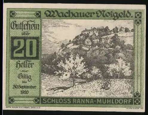 Notgeld Spitz a.d. Donau 1920, 20 Heller, Schloss Ranna-Mühldorf Motiv