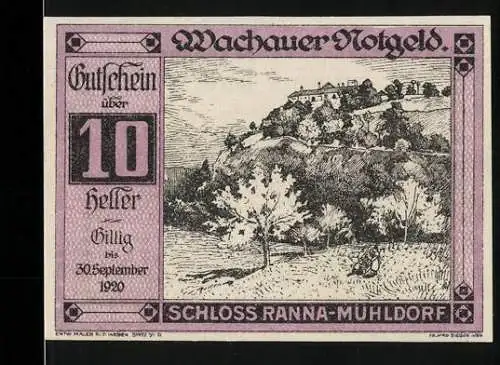 Notgeld Spitz a.d. Donau 1920, 10 Heller, Schloss Ranna Mühldorf, Landschaftsmotiv