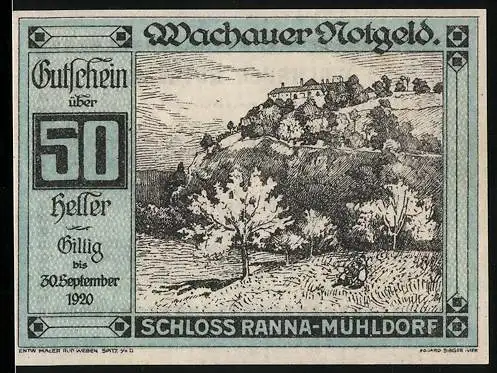 Notgeld Spitz a.d. Donau 1920, 50 Heller, Schloss Ranna-Mühldorf, Landschaftsmotiv