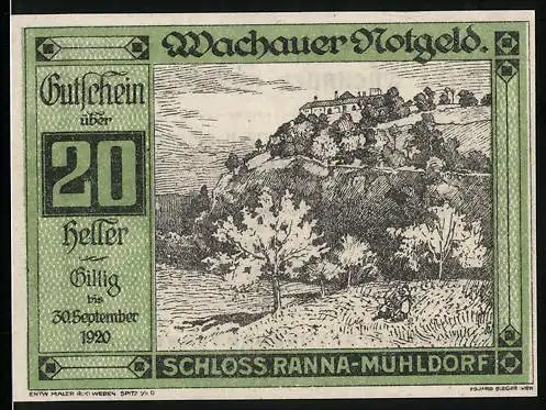 Notgeld Spitz a.d. Donau 1920, 20 Heller, Schloss Ranna-Mühldorf Darstellung