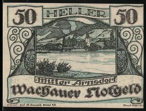 Notgeld Spitz a.d. Donau 1920, 50 Heller, Landschaftsansicht mit Kirche und Fluss