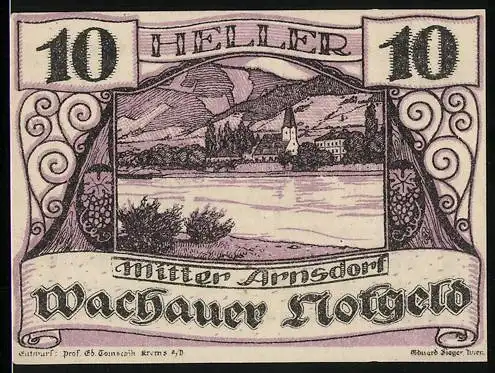 Notgeld Spitz a.d. Donau 1920, 10 Heller, Landschaftsansicht mit Kirche und Flussufer