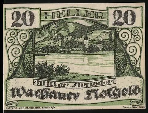 Notgeld Spitz a.d. Donau 1920, 20 Heller, Landschaft mit Kirche und Fluss im Wachaugebiet