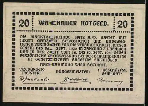 Notgeld Spitz a.d. Donau 1920, 20 Heller, Landschaft mit Kirche und Fluss im Wachaugebiet