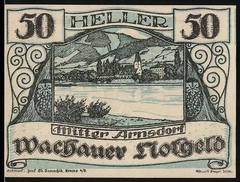 Notgeld Spitz a.d. Donau 1920, 50 Heller, Landschaftsansicht mit Kirche und Hügeln im Hintergrund