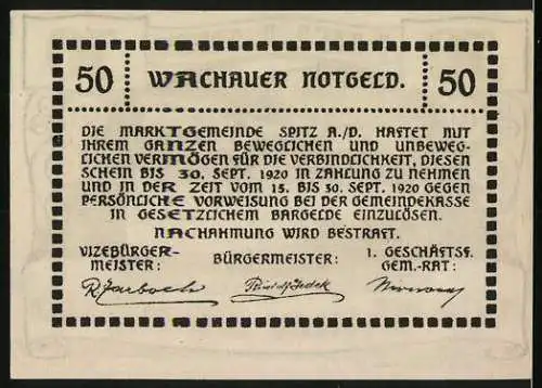 Notgeld Spitz a.d. Donau 1920, 50 Heller, Landschaftsansicht mit Kirche und Hügeln im Hintergrund