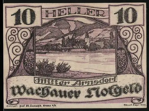 Notgeld Spitz a.d. Donau 1920, 10 Heller, Landschaftsansicht mit Kirche und Fluss