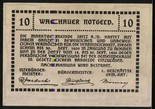 Notgeld Spitz a.d. Donau 1920, 10 Heller, Landschaftsansicht mit Kirche und Fluss