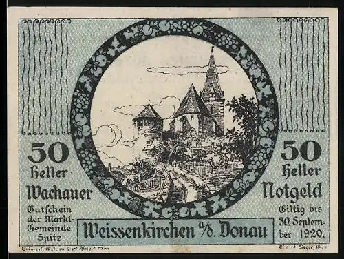 Notgeld Spitz a.d. Donau 1920, 50 Heller, Burgruine mit Kirche im Landschaftspanorama