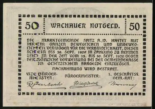 Notgeld Spitz a.d. Donau 1920, 50 Heller, Burgruine mit Kirche im Landschaftspanorama