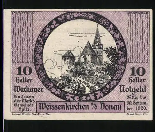 Notgeld Spitz a.d. Donau 1920, 10 Heller, Burgruine mit Kirche und dekorativem Rahmen