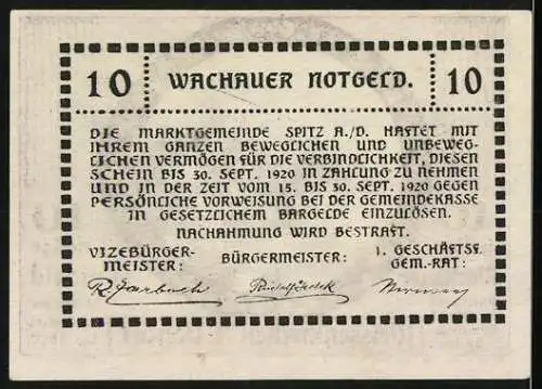 Notgeld Spitz a.d. Donau 1920, 10 Heller, Burgruine mit Kirche und dekorativem Rahmen