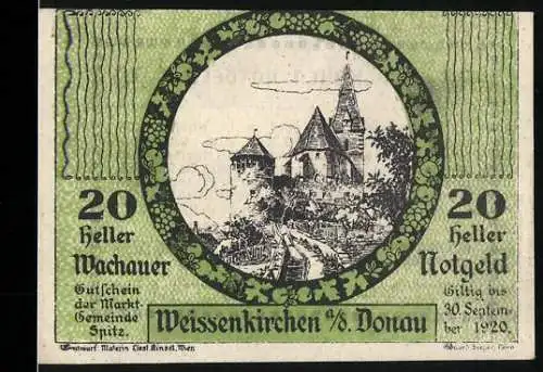 Notgeld Spitz a.d. Donau 1920, 20 Heller, Burgruine mit Landschaftsmotiv