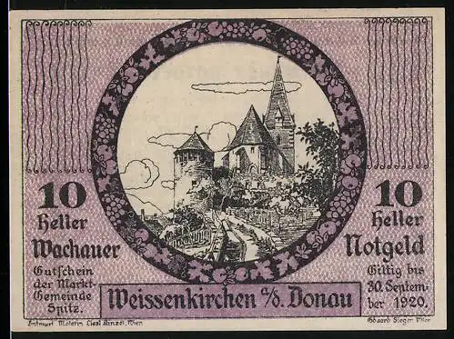 Notgeld Spitz a.d. Donau 1920, 10 Heller, Burg und Kirche im Rundfenster, Wachauer Notgeld