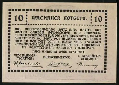 Notgeld Spitz a.d. Donau 1920, 10 Heller, Burg und Kirche im Rundfenster, Wachauer Notgeld