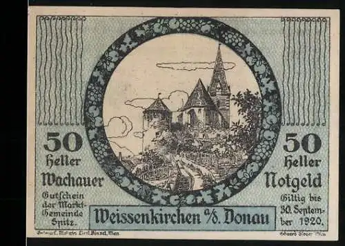 Notgeld Spitz a.d. Donau 1920, 50 Heller, Kirchenansicht und dekorativer Rahmen