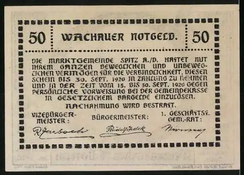 Notgeld Spitz a.d. Donau 1920, 50 Heller, Kirchenansicht und dekorativer Rahmen