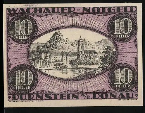 Notgeld Spitz a.d. Donau 1920, 10 Heller, Dürnstein und Donau Landschaftsmotiv