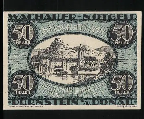 Notgeld Spitz a.d. Donau 1920, 50 Heller, Wachauer Landschaftsmotiv