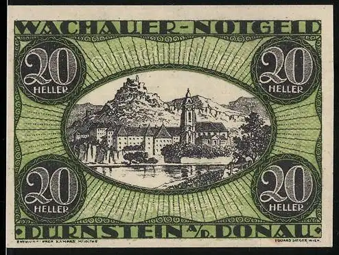 Notgeld Spitz a.d. Donau 1920, 20 Heller, Stadtansicht mit Burg und Kirche an der Donau