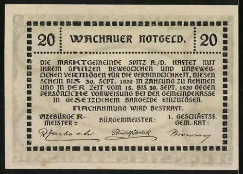 Notgeld Spitz a.d. Donau 1920, 20 Heller, Stadtansicht mit Burg und Kirche an der Donau