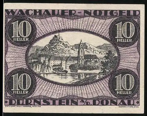 Notgeld Spitz a.d. Donau 1920, 10 Heller, Wachauer Landschaft mit Donau und Kirche