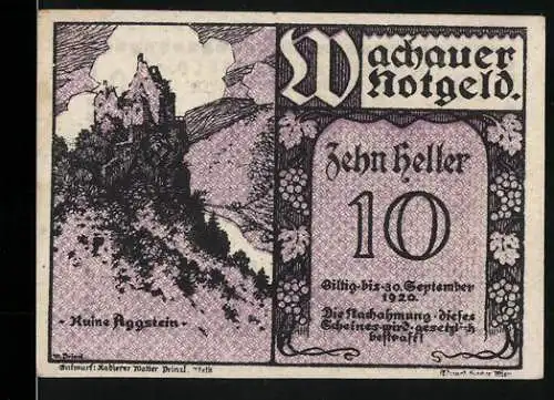 Notgeld Spitz a.d. Donau 1920, 10 Heller, Ruine Aggstein, florales Muster