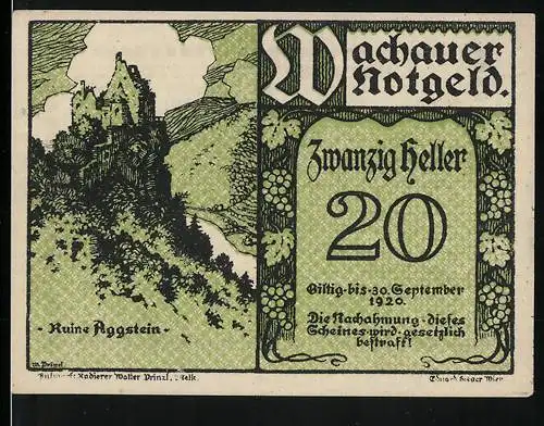 Notgeld Spitz a.d. Donau 1920, 20 Heller, Ruine Aggstein, Text und Unterschriften