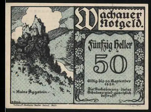 Notgeld Spitz a.d. Donau 1920, 50 Heller, Ruine Aggstein, Gutschein der Gemeinde Spitz an der Donau