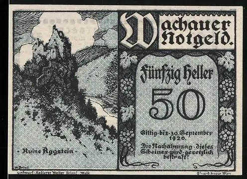 Notgeld Spitz a.d. Donau 1920, 50 Heller, Ruine Aggstein Illustration