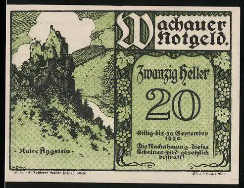 Notgeld Spitz a.d. Donau 1920, 20 Heller, Ruine Aggstein Illustration