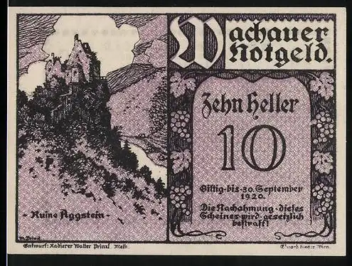 Notgeld Spitz a.d. Donau 1920, 10 Heller, Ruine Aggstein, Gutschein der Gemeinde Spitz an der Donau