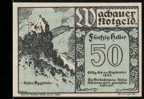 Notgeld Spitz a.d. Donau 1920, 50 Heller, Ruine Aggstein, Gültig bis 30. September 1920