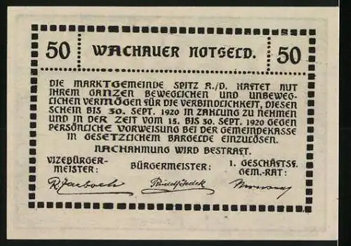 Notgeld Spitz a.d. Donau 1920, 50 Heller, Ruine Aggstein, Gültig bis 30. September 1920