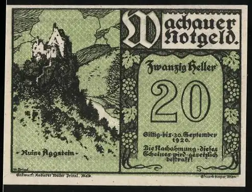 Notgeld Spitz a.d. Donau 1920, 20 Heller, Ruine Aggstein Motiv