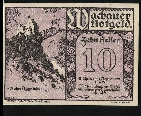 Notgeld Spitz a.d. Donau 1920, 10 Heller, Ruine Aggstein Motiv