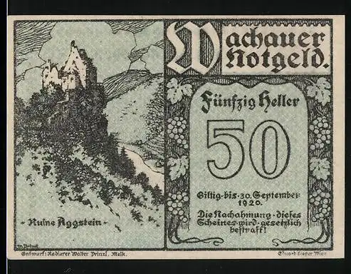 Notgeld Spitz a.d. Donau 1920, 50 Heller, Ruine Aggstein, gültig bis 30. September 1920