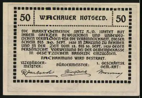 Notgeld Spitz a.d. Donau 1920, 50 Heller, Ruine Aggstein, gültig bis 30. September 1920